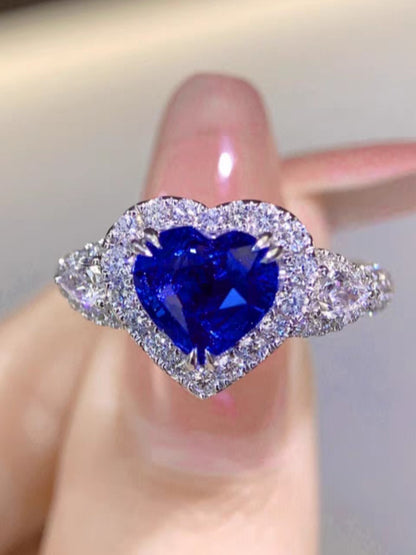 18K Gold Heart-Shaped Royal Blue Sapphire & Diamond Ring
