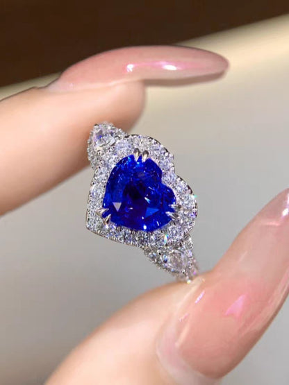 18K Gold Heart-Shaped Royal Blue Sapphire & Diamond Ring