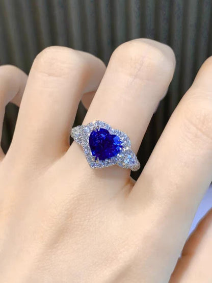 18K Gold Heart-Shaped Royal Blue Sapphire & Diamond Ring